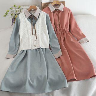 Set: Knit Vest + Long-sleeve Corduroy Dress
