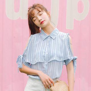 Cut Out Elbow-sleeve Ruffle Trim Blouse