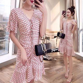 V-neck Lace-up Short-sleeve A-line Dress