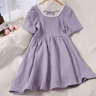 Contrast Trim Short-sleeve Tie-back Crinkled A-line Dress