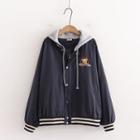 Bear Embroidered Hooded Bomber Jacket Navy Blue - One Size