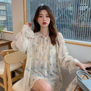 Long-sleeve Chiffon Floral Print Shirt White - One Size