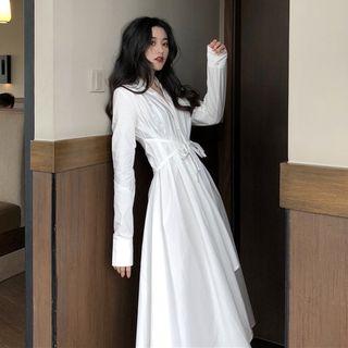 Asymmetric Tie-waist Long-sleeve Dress White - One Size