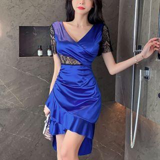 Lace Panel Ruffle Hem Mini Bodycon Dress