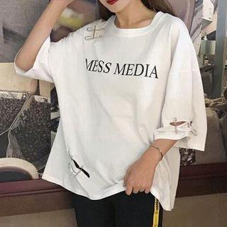 Lettering Safety Pin Detail 3/4 Sleeve T-shirt