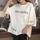 Lettering Safety Pin Detail 3/4 Sleeve T-shirt