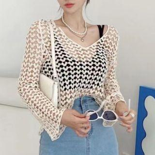 Long Sleeve V-neck Eyelet Knit Top