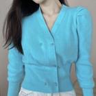 V-neck Retro Puff-sleeve Long-sleeve Cardigan Blue - One Size