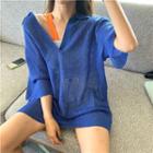 Plain V-neck Loose-fit Short-sleeve Knit Top Blue - One Size