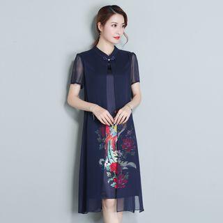 Printed Short-sleeve Mock Two-piece A-line Dress