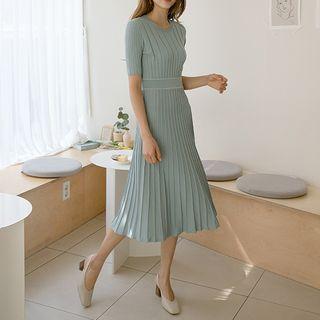 Piped Flared Midi Rib-knit Dress