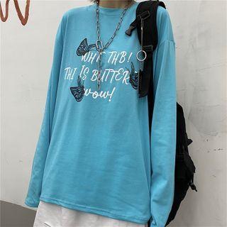 Lettering Butterfly Long-sleeve Round Neck T-shirt