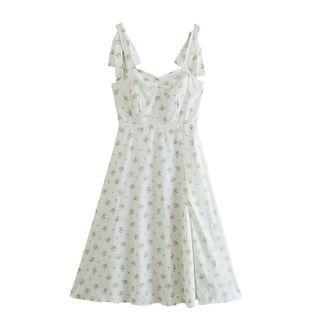 Tie-strap Floral Print Slit-hem Midi A-line Dress