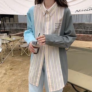 Striped Color Block Shirt Blue & Almond & Gray - One Size