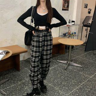 Mock Two-piece Top / Plaid Harem Pants