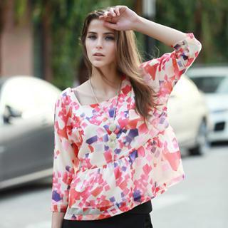 Square Neck Patterned Long-sleeve Top Pink - One Size