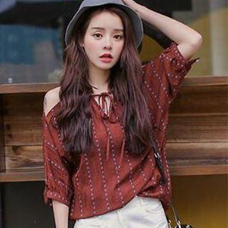 Off-shoulder Striped Lace Up Blouse