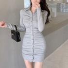 Long-sleeve Button-up Collared Mini Sheath Dress