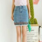 Fringed Embroidery Denim Pencil Skirt