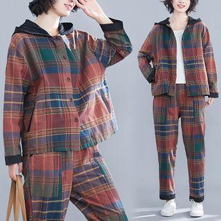 Set: Long-sleeve Hooded Plaid Shirt + Harem Pants