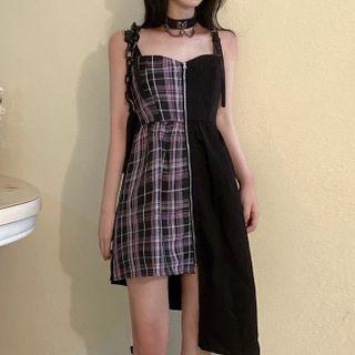 Asymmetrical Zip-up Panel Suspender Skirt