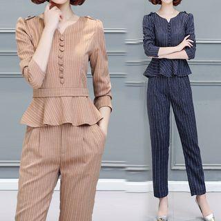 Set: Striped Long-sleeve Peplum Top + Pants