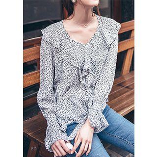 Ruffled V-neck Floral Top