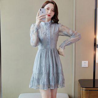 Long-sleeve Buttoned Mini A-line Lace Dress