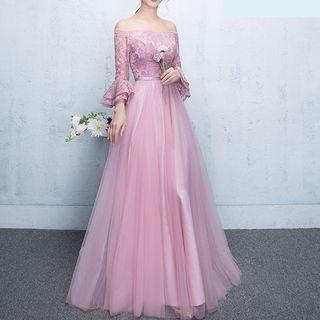Off-shoulder Bell-sleeve Tie-waist Lace Dress