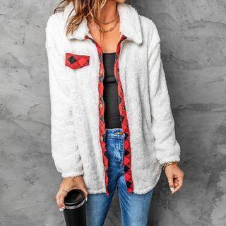 Check Panel Fluffy Button Shirt Jacket
