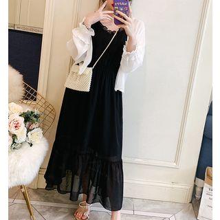Set: Strappy Ruffle-trim Chiffon Dress + Cardigan