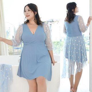 Set: Elbow Sleeve V-neck Mesh Panel Swimdress + Dotted Wrapped Skirt
