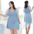 Set: Elbow Sleeve V-neck Mesh Panel Swimdress + Dotted Wrapped Skirt