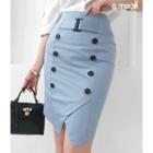 Buckled-waist Button-trim Pencil Skirt