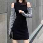 Two-tone Long-sleeve Knit Top / Cold-shoulder Mini Sheath Dress