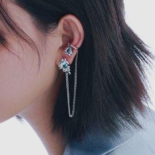 Moonstone Chain Alloy Cuff Earring 1pc - Silver & Aqua Green - One Size
