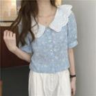 Short-sleeve Lace Collared Floral Blouse
