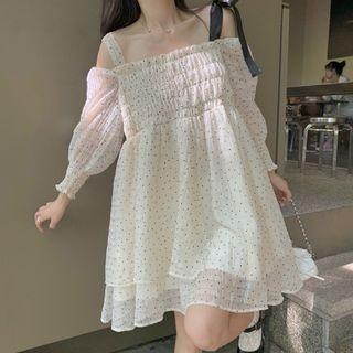 Cold-shoulder Dotted Mini Shift Dress Almond - One Size