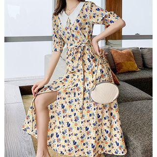 Contrast Collar Short-sleeve Floral Midi A-line Dress