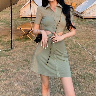 Short-sleeve Button-up Cutout Mini Dress