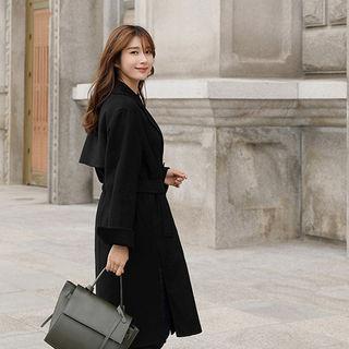 Wool Blend Handmade Coat With Sash Black - One Size