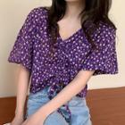 V-neck Floral Drawstring Cropped Blouse Purple - One Size