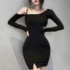 Long-sleeve One-shoulder Cutout Slit Mini Bodycon Dress
