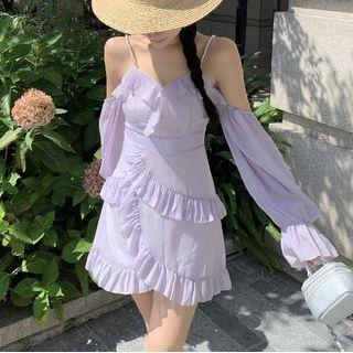 Long-sleeve Off-shoulder Frill Trim Chiffon Mini Dress