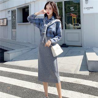 Set: Plaid Shirt + Slit Midi Knit Skirt + Lettering Knit Shawl