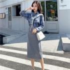 Set: Plaid Shirt + Slit Midi Knit Skirt + Lettering Knit Shawl