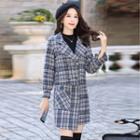 Set: Plaid Double-breasted Coat + Mini Straight-fit Skirt