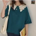 Elbow-sleeve Lace Collar T-shirt
