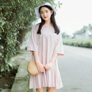 Elbow-sleeve Hooded A-line Dress