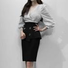 Set: 3/4-sleeve Striped Blouse + Frill-trim Fitted Skirt